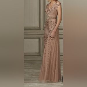 Adrianna Papell Old Rose Pink Beaded Evening Gown Prom Dress Cold Shoulder 4